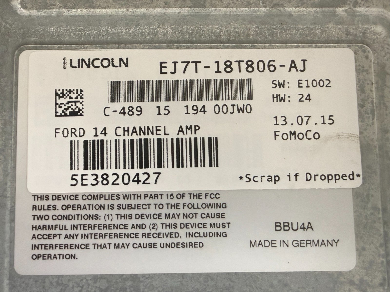 2013-2019 LINCOLN MKC Lear THX amplifier 14 Channel OEM EJ7T-18T806-AJ