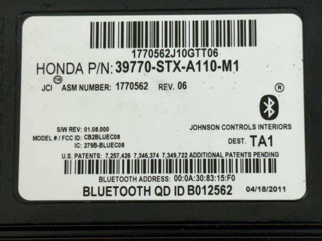 2010-2013 ACURA MDX BASE TRIM HFL HFT OEM Bluetooth Module 39770-STX-A110-M1