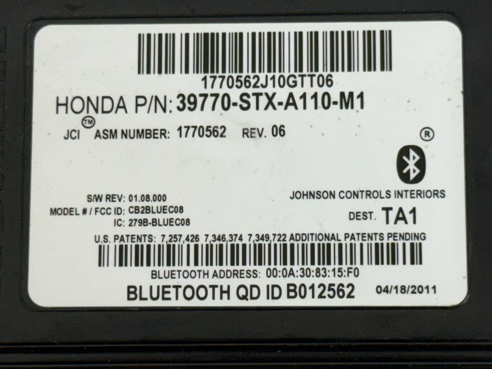 2010-2013 ACURA MDX BASE TRIM HFL HFT OEM Bluetooth Module 39770-STX-A110-M1