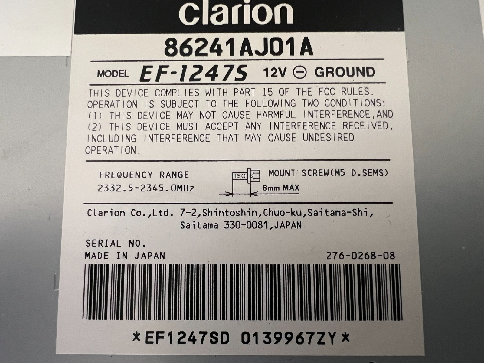 SUBARU Legacy Outback Tribeca 2012 XM Reciver Clarion 86241aj01a